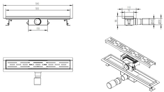 Öko-Duschrinne mit Flansch und Rost 50 x 7 cm Edelstahl