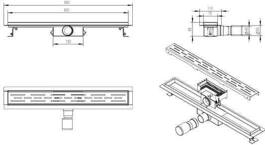 Öko-Duschrinne mit Flansch und Rost 60 x 7 cm Edelstahl