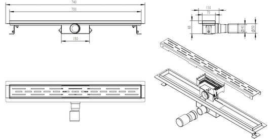 Öko-Duschrinne mit Flansch und Rost 70 x 7 cm Edelstahl
