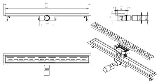 Öko-Duschrinne mit Flansch und Rost 80 x 7 cm Edelstahl