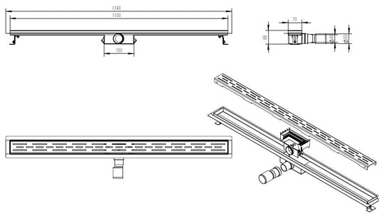 Öko-Duschrinne mit Flansch und Rost 110 x 7 cm Edelstahl
