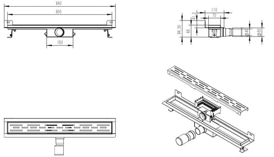 Öko-Duschrinne mit Wandflansch und Rost 60 x 7 cm Edelstahl