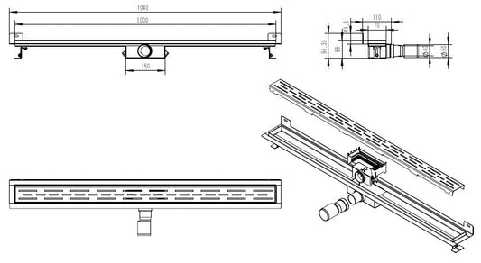 Öko-Duschrinne mit Wandflansch und Rost 100 x 7 cm Edelstahl