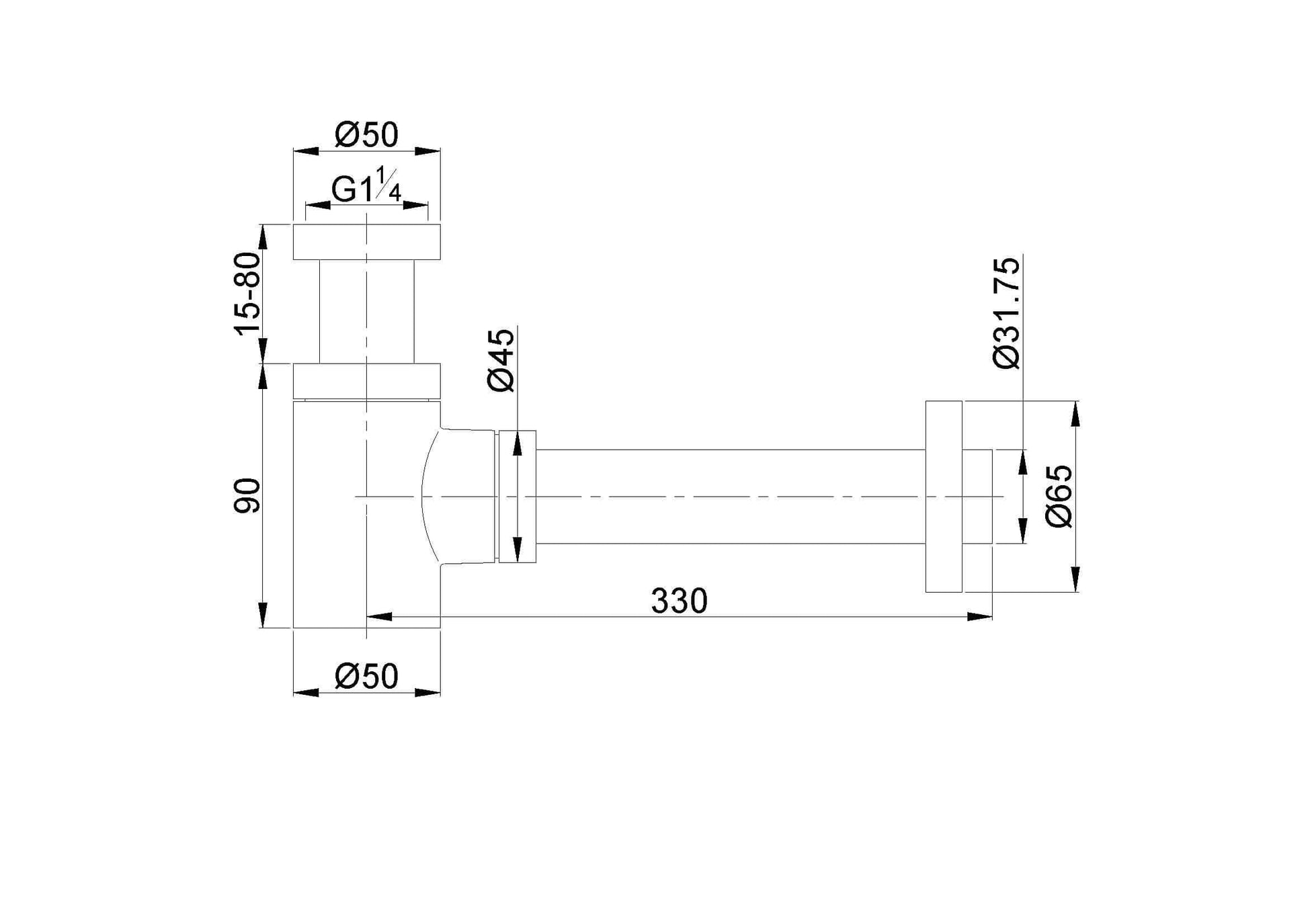 Schema drawing for UniMatch fonteinsifon 5/4" x 32 mm mat zwart, showing dimensions and configurations.