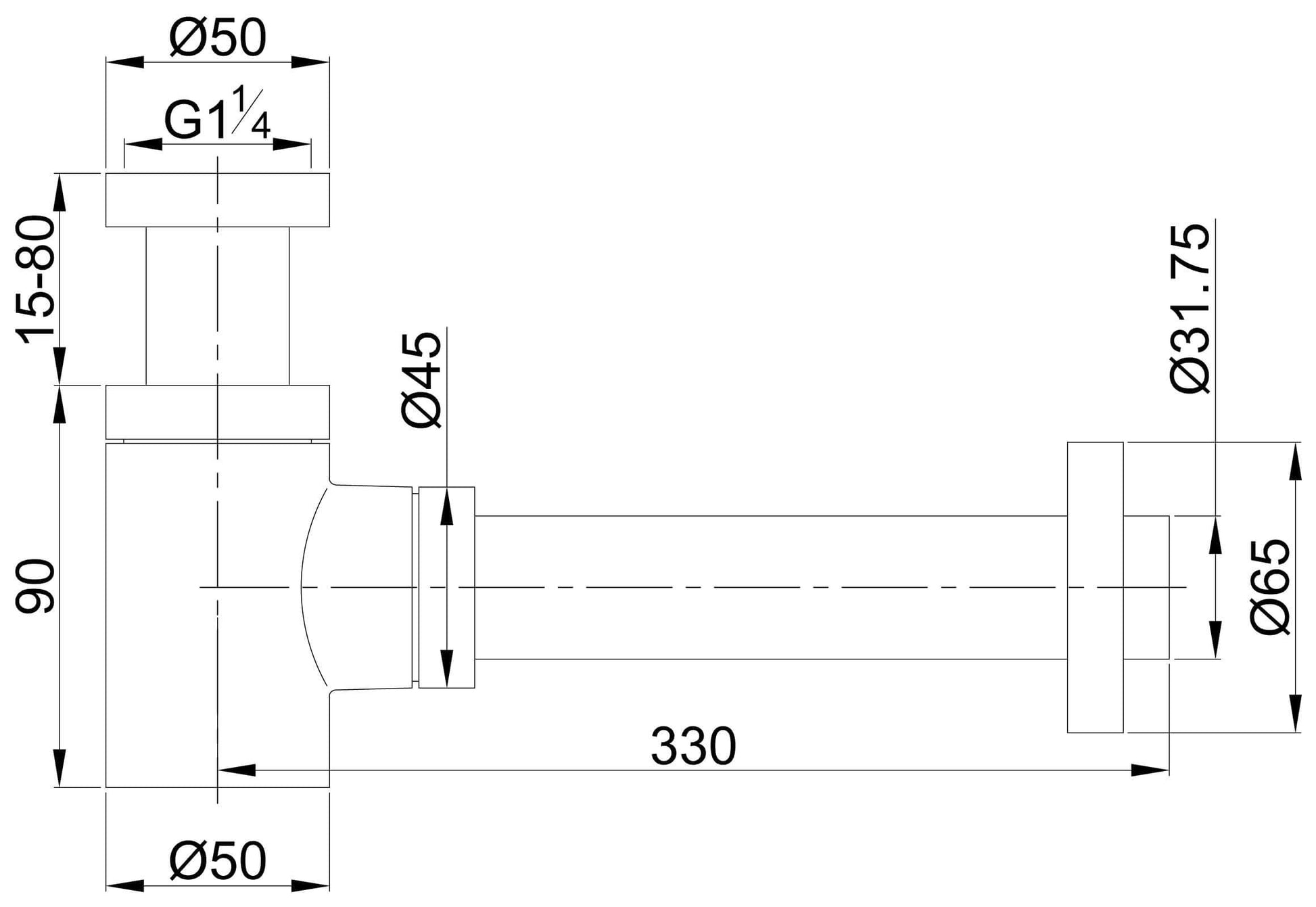 UniMatch fonteinsifon diagram with dimensions 5/4" x 32 mm in brushed steel