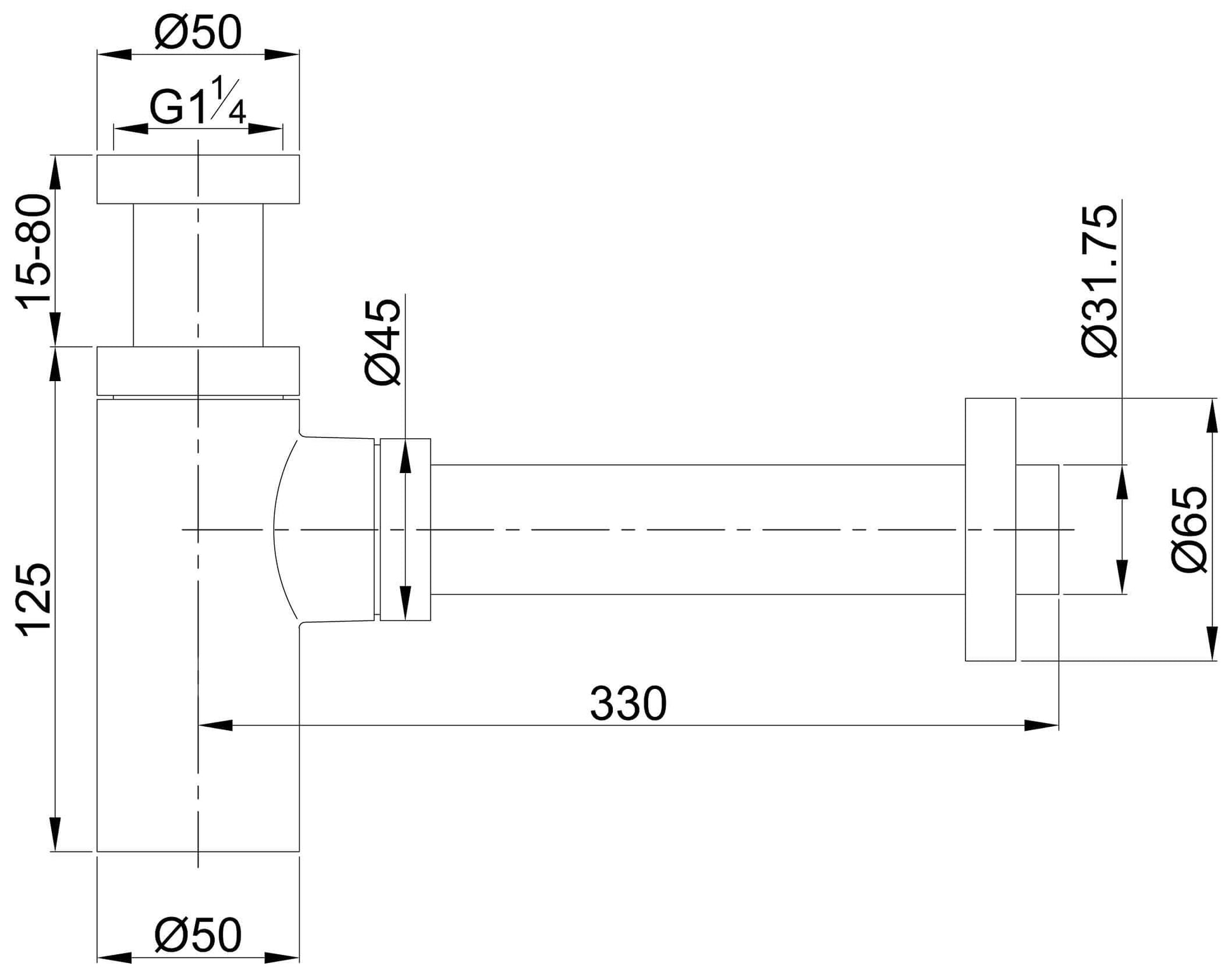 Technische tekening van UniMatch wastafelsifon 5/4" x 32 mm chroom met afmetingen.