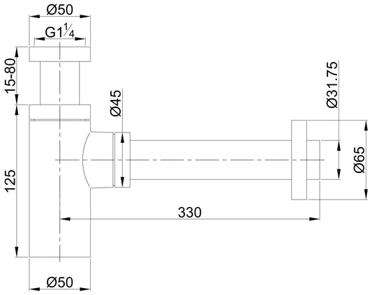 Technische tekening van UniMatch wastafelsifon 5/4" x 32 mm chroom met afmetingen.