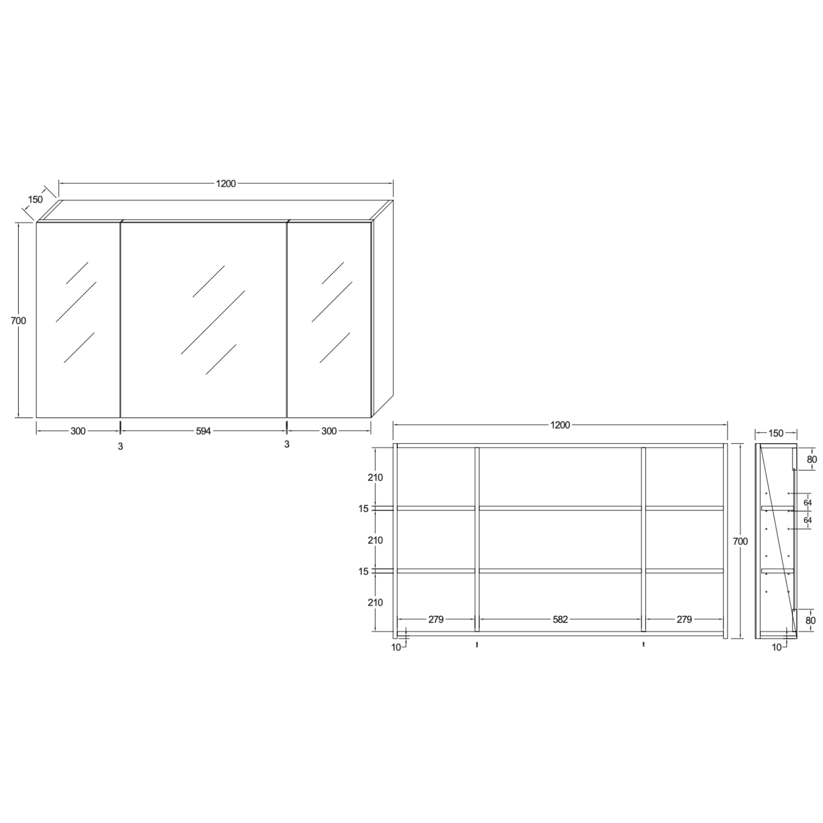 HAYAT spiegelkast – 3 asymmetrische enkelzijdige spiegeldeuren