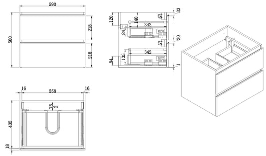 Tigris Unterschrank mit 2 Schubladen 60 x 46 cm glänzend weiß