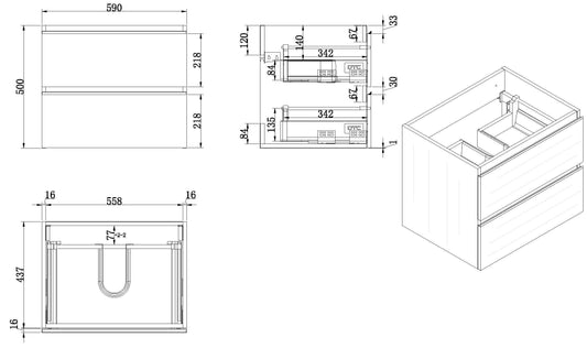 Tigris Unterschrank mit 2 Schubladen 60 x 46 cm Holzmaserung grau