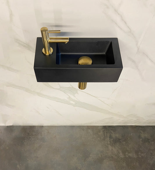 Fonteinset Rhea S mini met fontein links quartz, kraan, sifon en afvoerplug