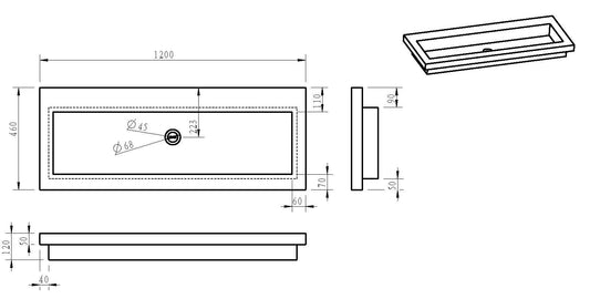 Raw wastafel enkel zonder kraangat 120x46x5 cm hardsteen gezoet