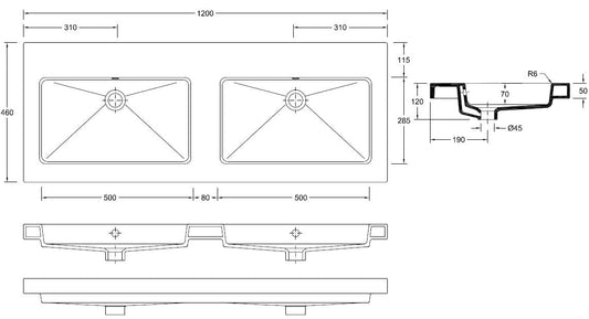 Kera wastafel dubbel zonder kraangat 120x46x5 cm keramiek glans wit