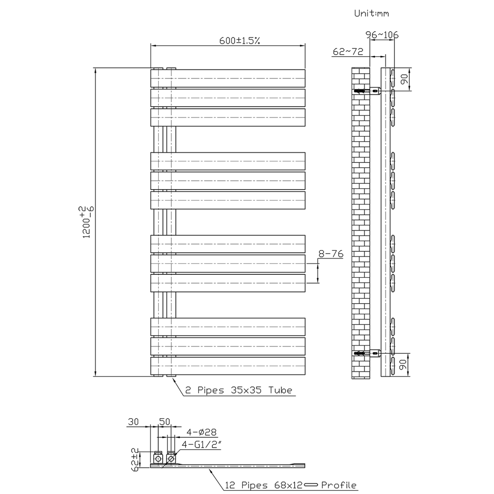 BELRAD Badkamer Radiator Mat Zwart – Linkeraansluiting/Combi