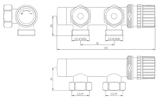 Thermostatisch Onderblok Wiesbaden 3/4 Hoek Links Mat Zwart Zonder Knop