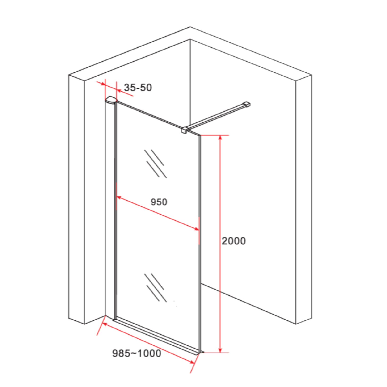 ALONI inloopdouchewand – 8 mm veiligheidsglas