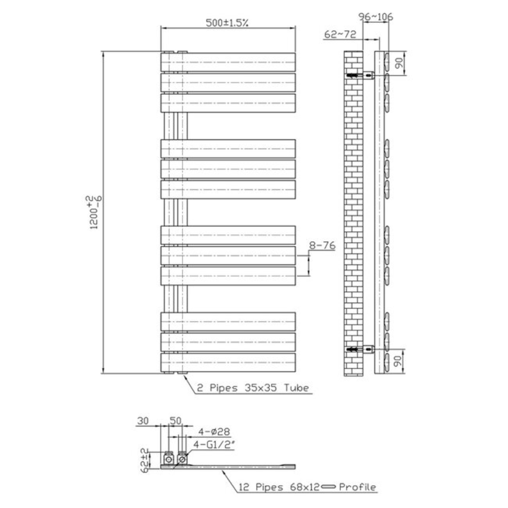 BELRAD Badkamer Radiator Mat Zwart – Linkeraansluiting/Combi