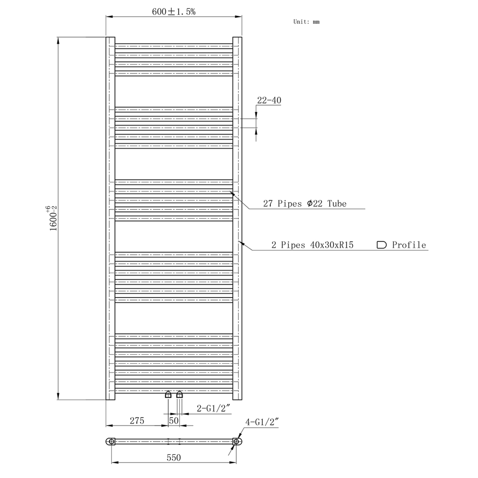 BELRAD Badkamer Radiator Zwart Mat Geborsteld – Middenaansluiting
