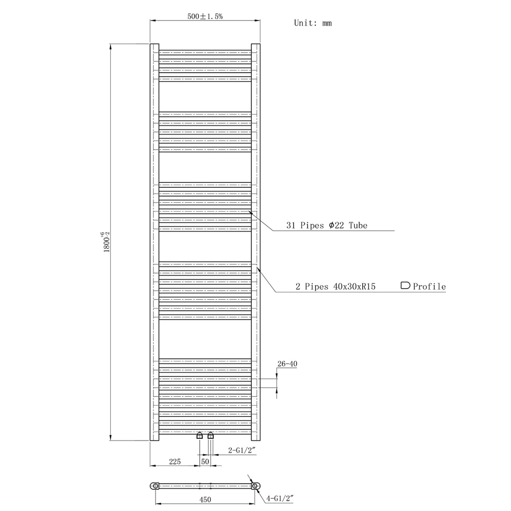 BELRAD Badkamer Radiator Zwart Mat Geborsteld – Middenaansluiting