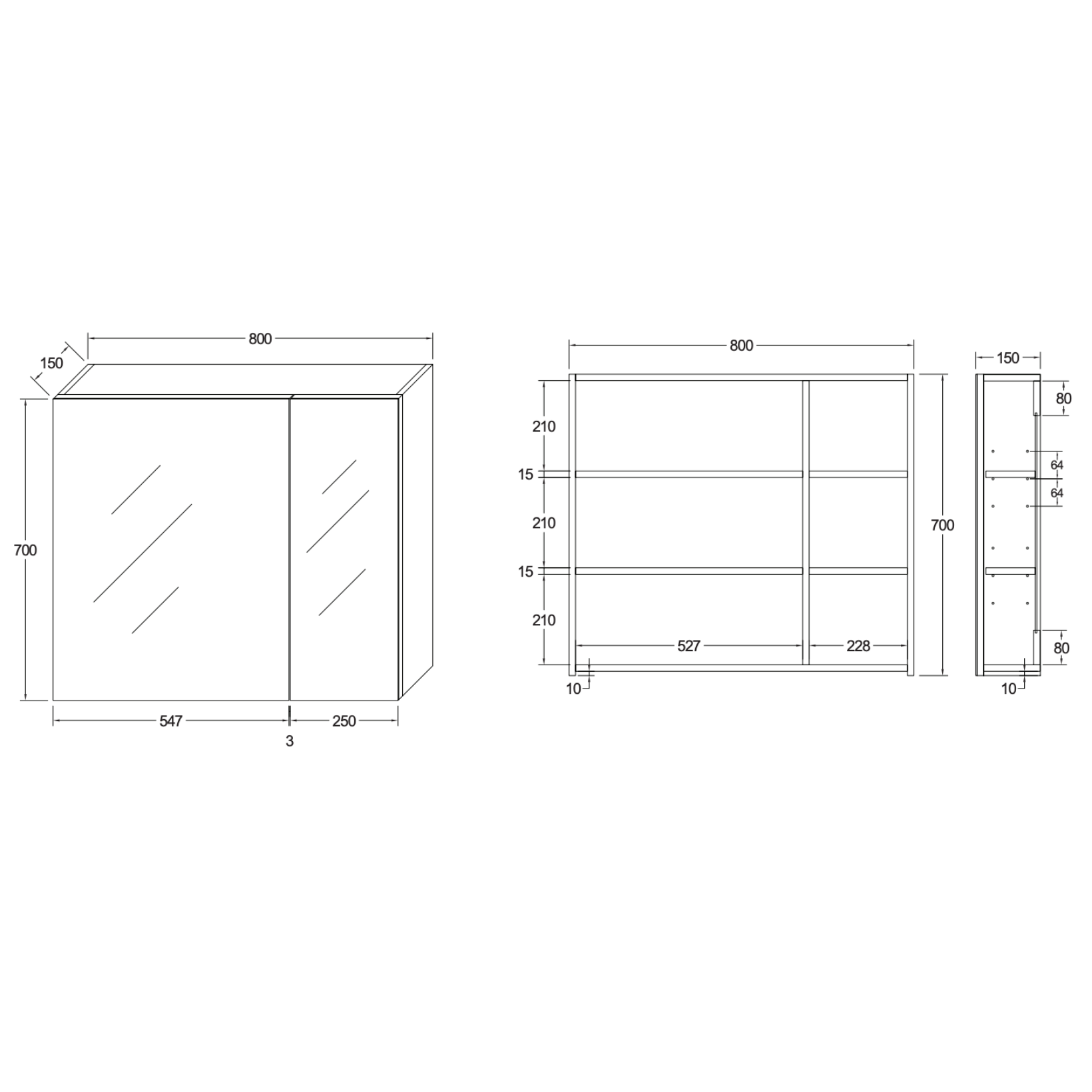 HAYAT spiegelkast – 2 asymmetrische enkelzijdige spiegeldeuren