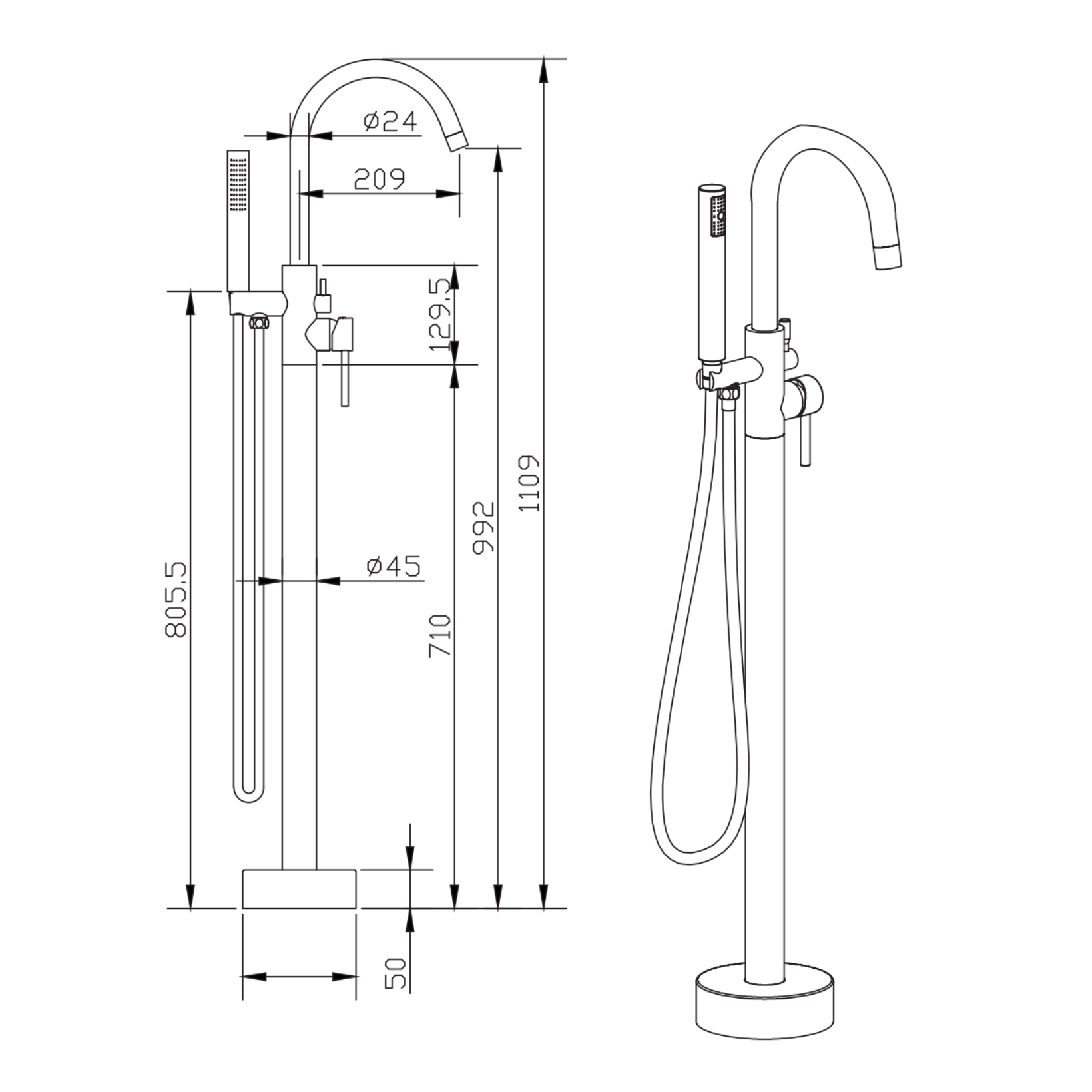 ALONI Vrijstaande badmengkraan met handdouche