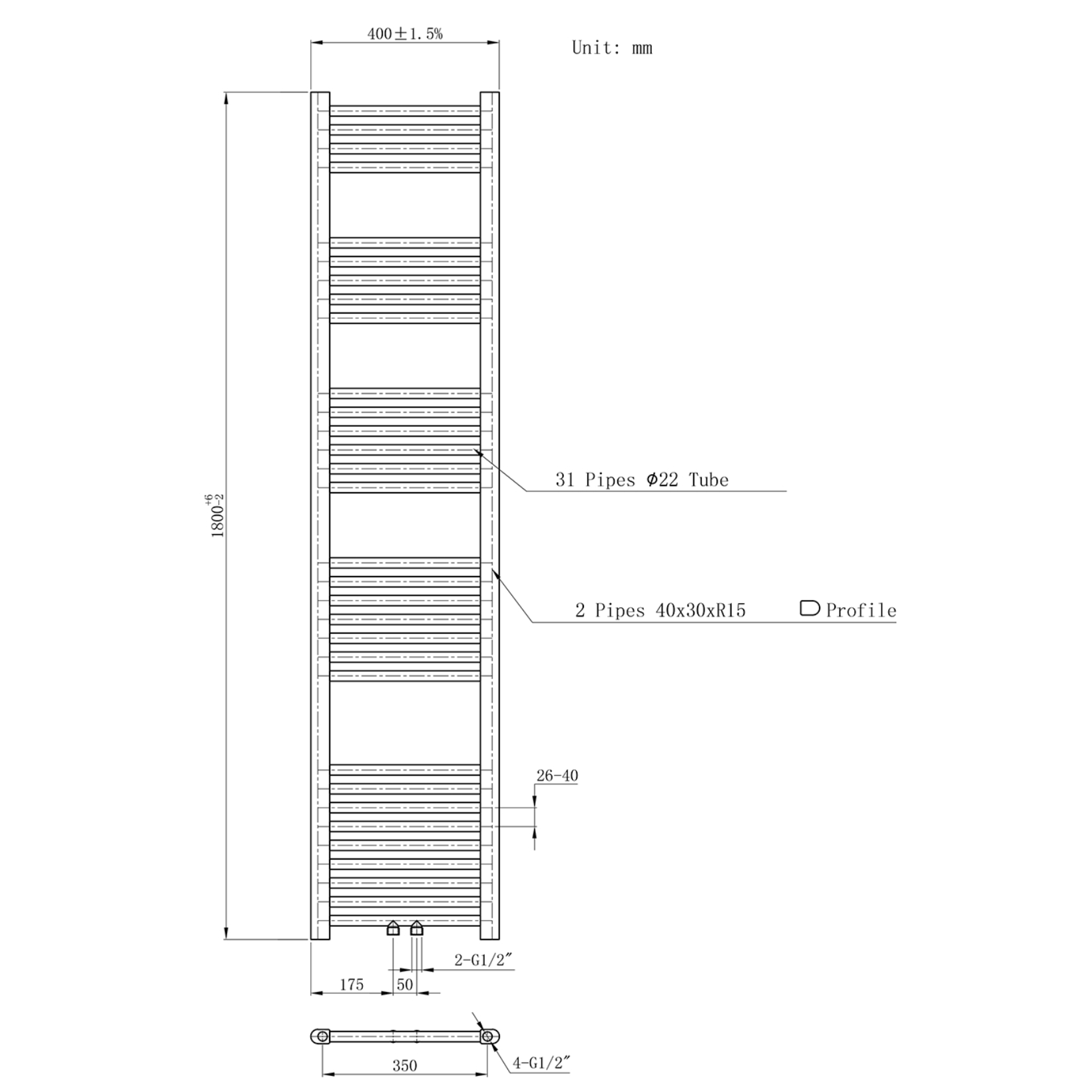 BELRAD Badkamer Radiator Zwart Mat Geborsteld – Middenaansluiting