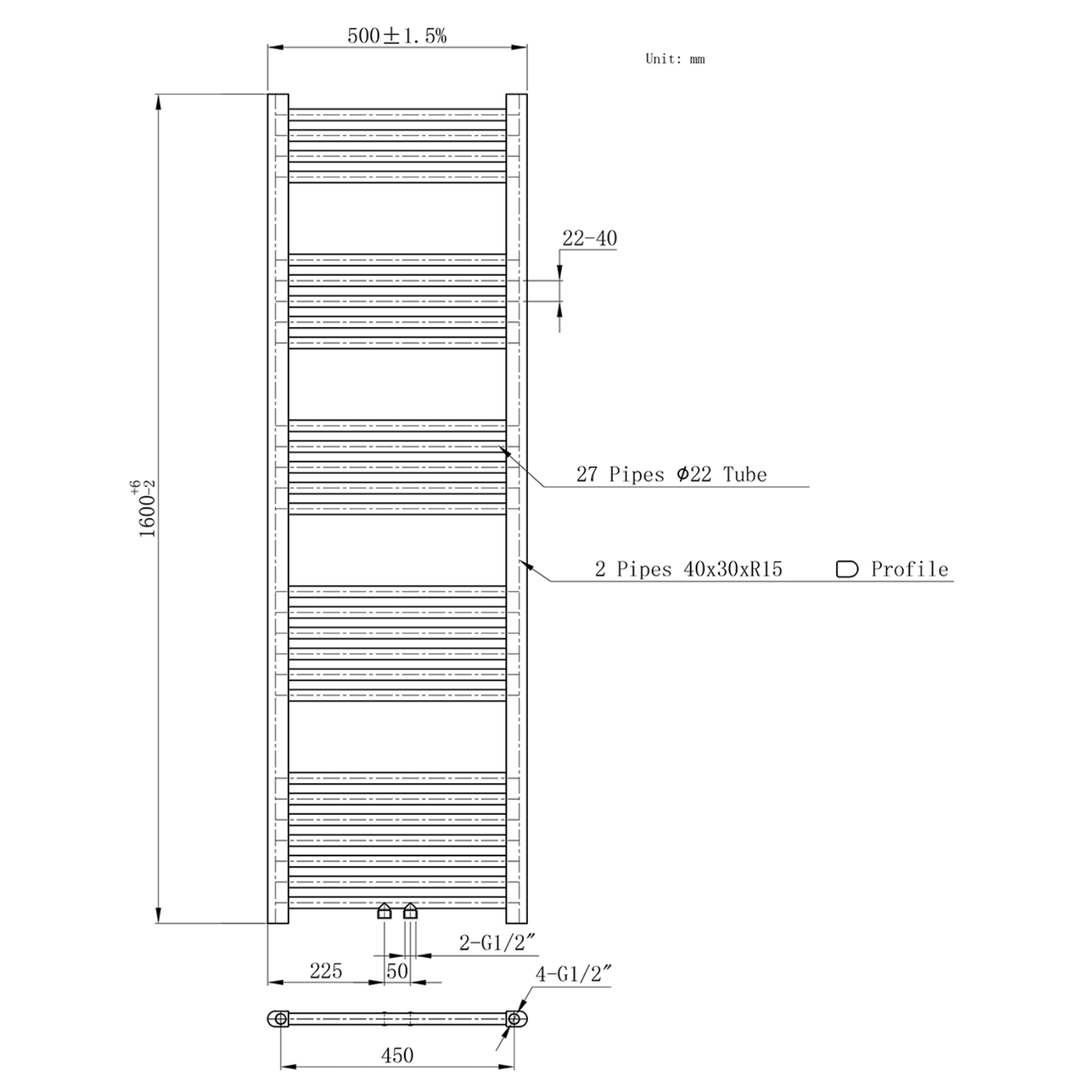 BELRAD Badkamer Radiator Zwart Mat Geborsteld – Middenaansluiting