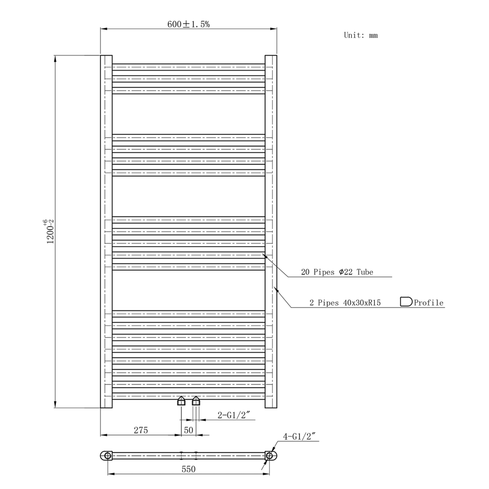 BELRAD Badkamer Radiator Zwart Mat Geborsteld – Middenaansluiting