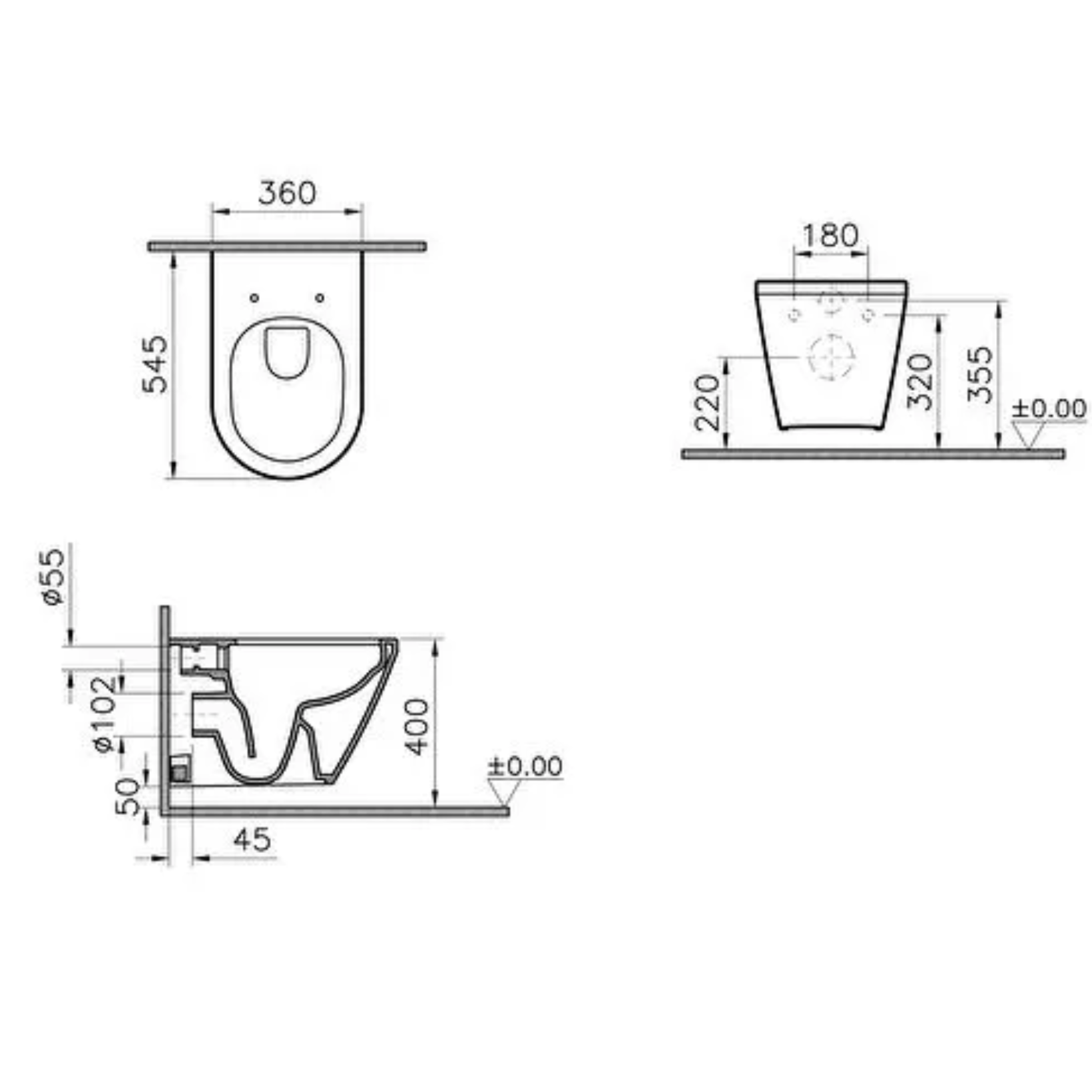 VitrA Integra Square Hangtoilet Mat Zwart (incl. Toiletbril)