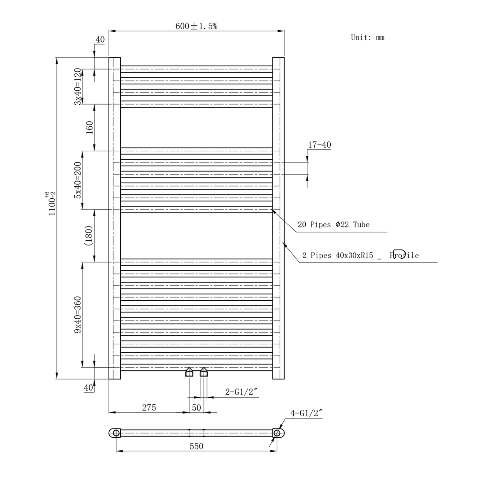 BELRAD Badkamer Radiator Zwart Mat Geborsteld – Middenaansluiting