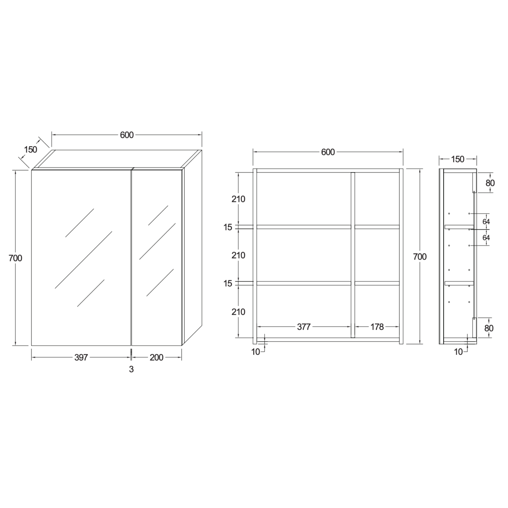 HAYAT spiegelkast – 2 asymmetrische enkelzijdige spiegeldeuren