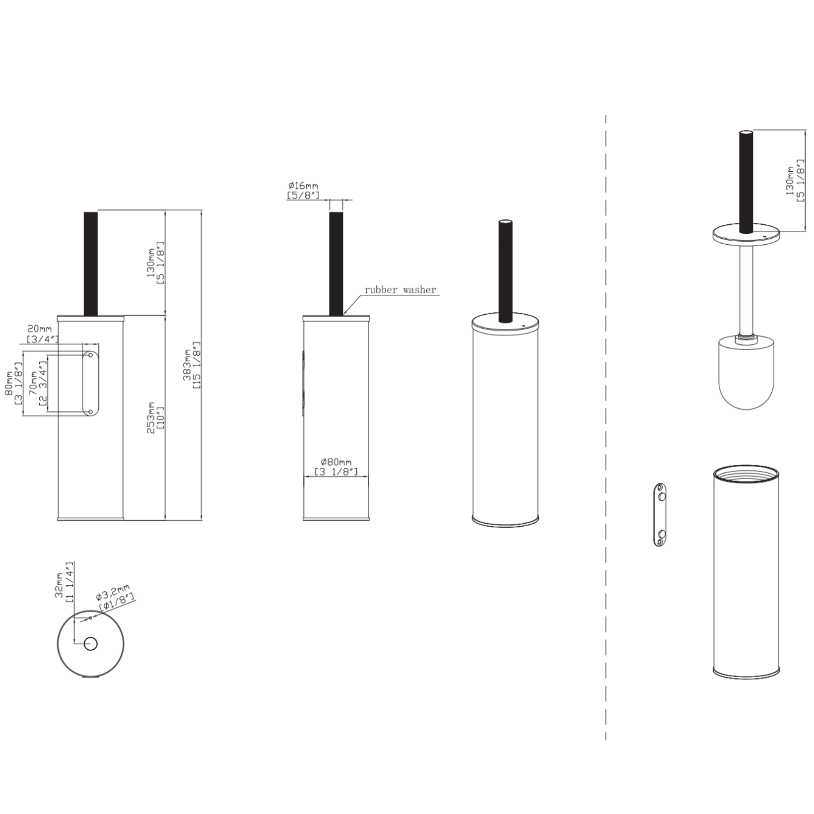 Aloni Stria toiletborstel met houder – hangend & vrijstaand – met kunststof binnenpot