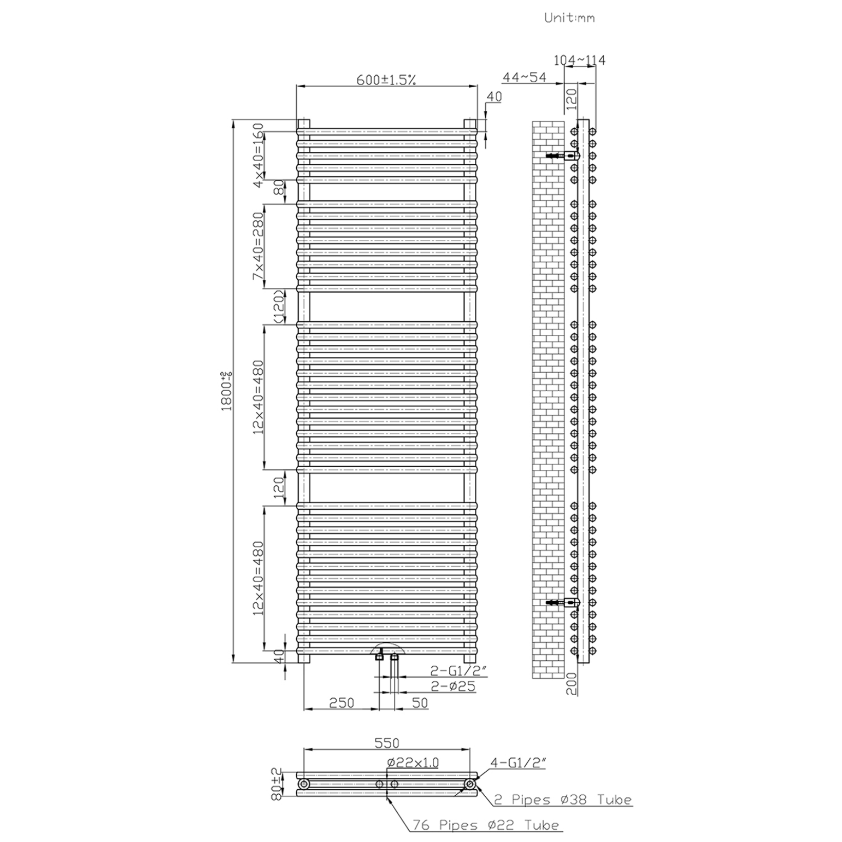 BELRAD Badkamer Radiator Double Wit – Middenaansluiting