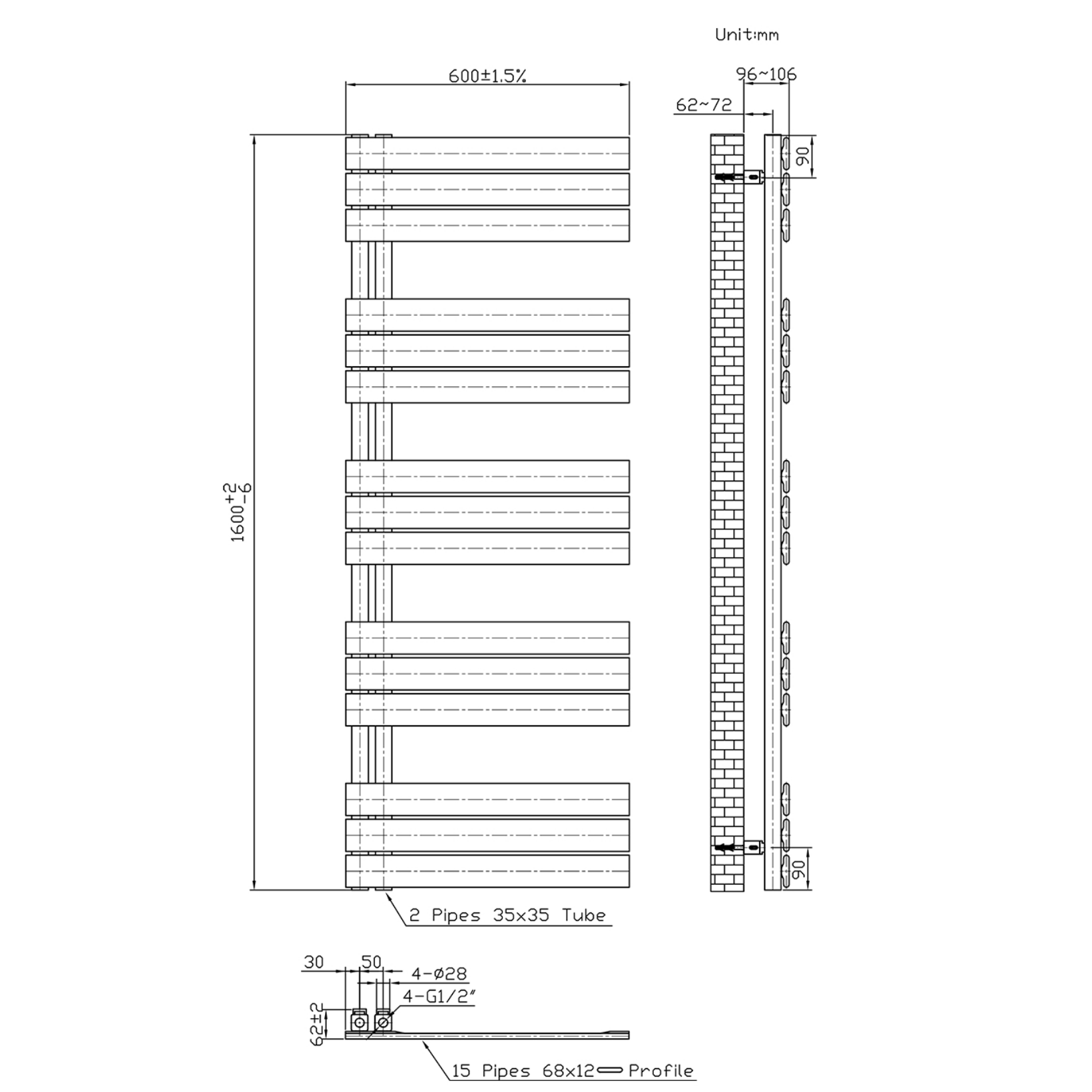 BELRAD Badkamer Radiator Wit – Linkeraansluiting/Combi