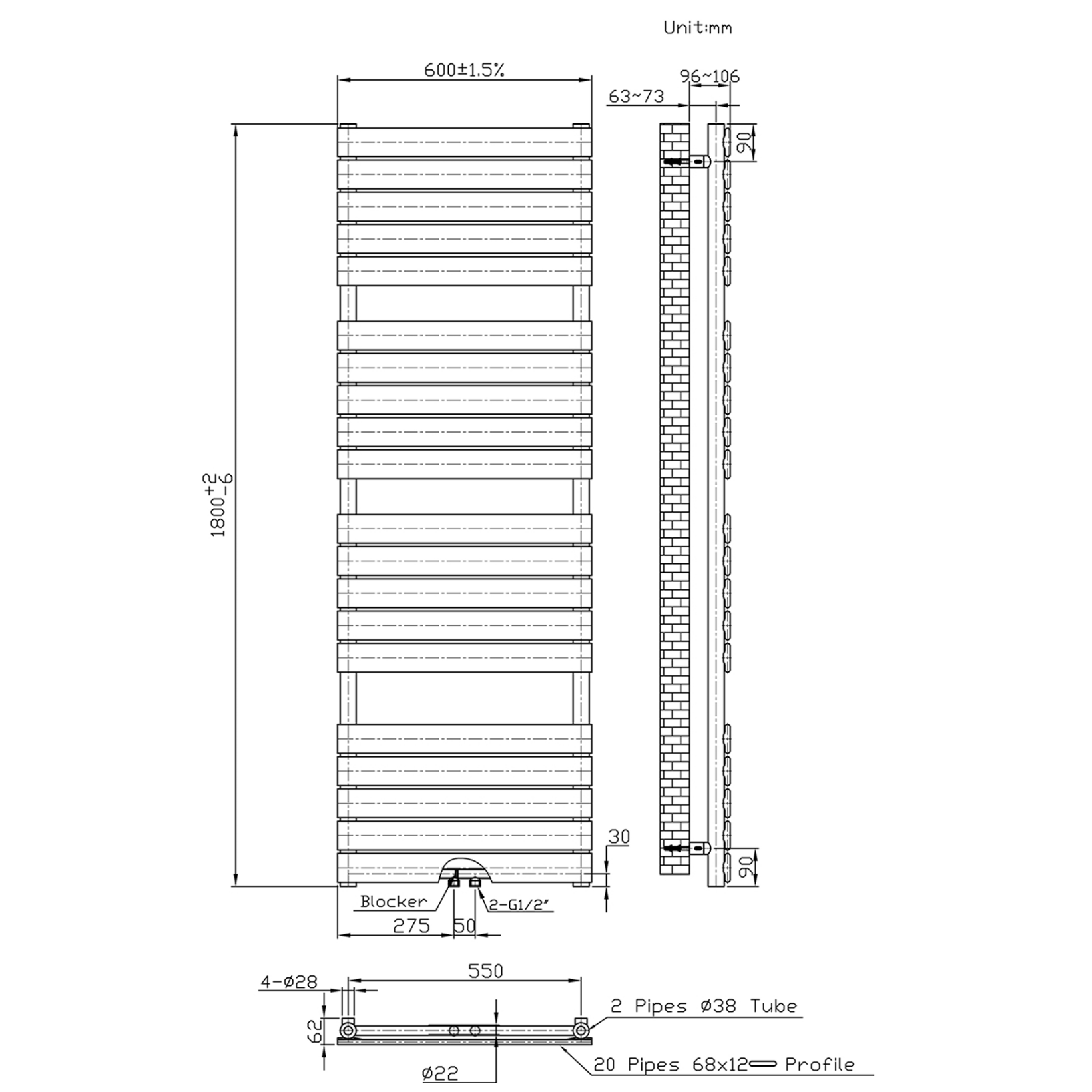 BELRAD Badkamer Radiator Wit – Middenaansluiting