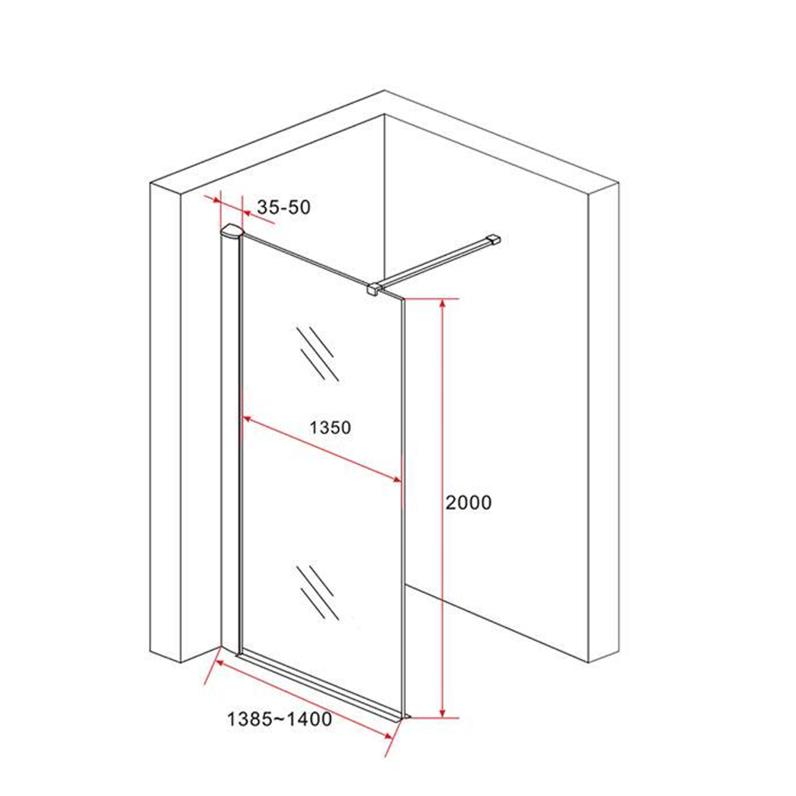 ALONI douchewand champagneglas met koper profiel – 8 mm veiligheidsglas