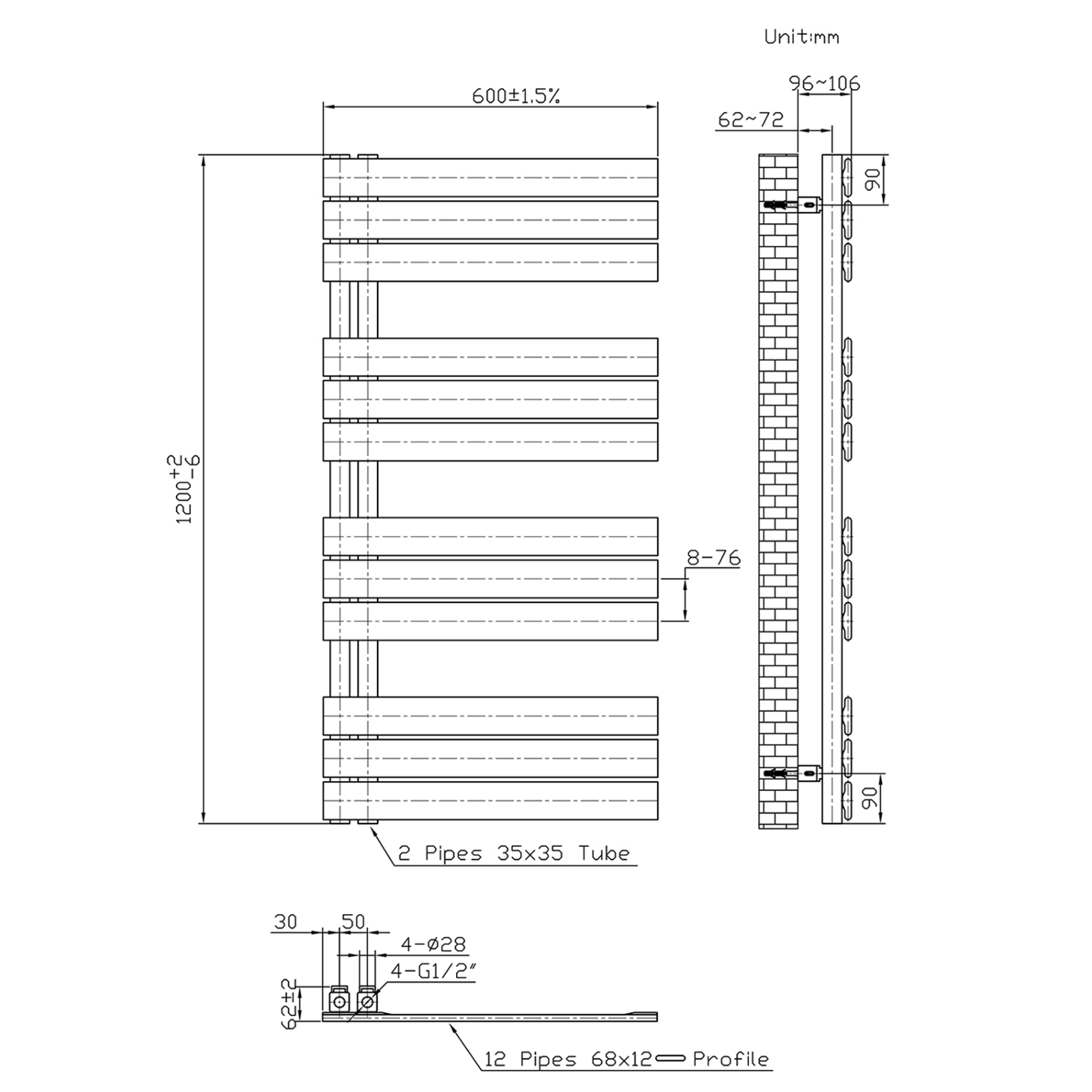 BELRAD Badkamer Radiator Wit – Linkeraansluiting/Combi