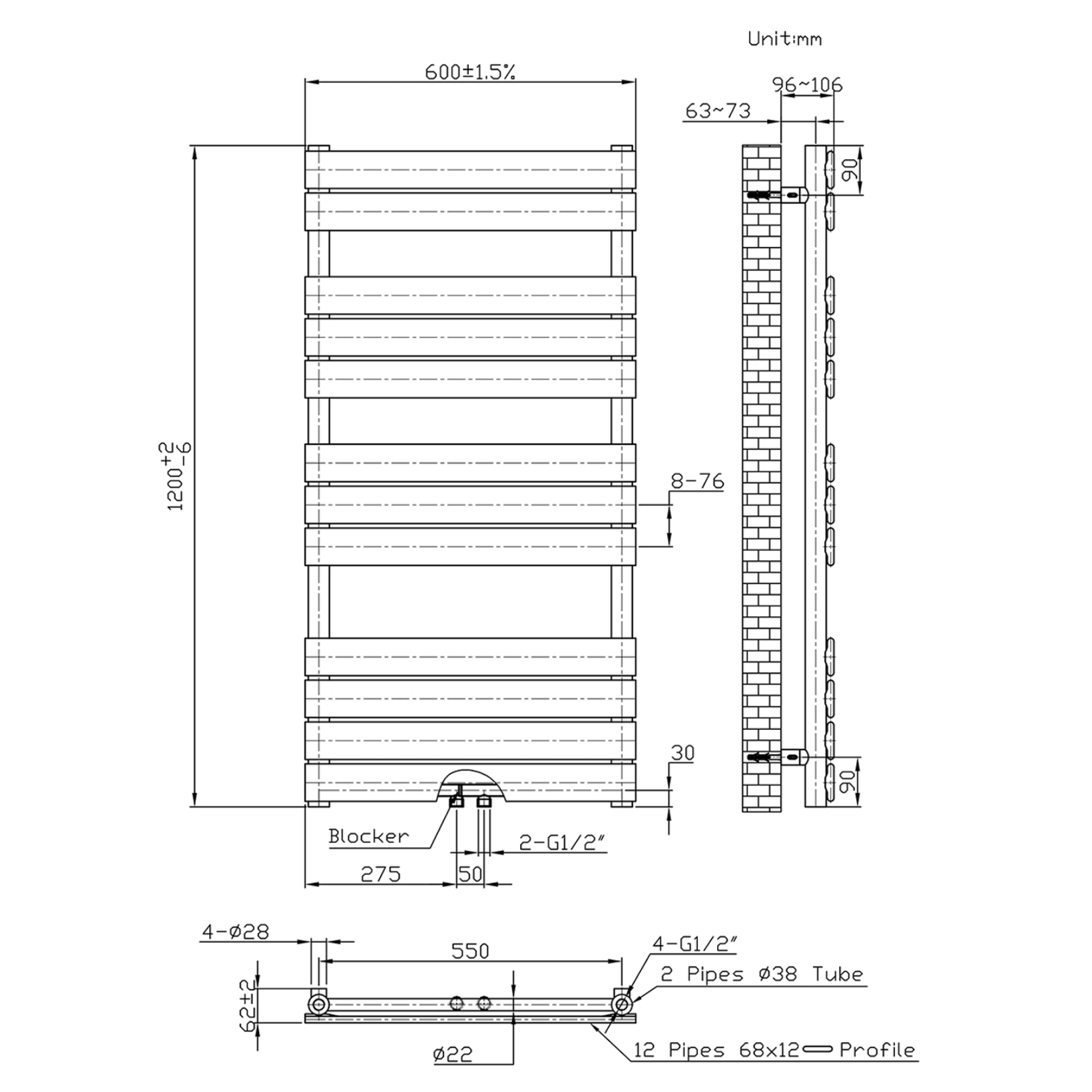 BELRAD Badkamer Radiator Wit – Middenaansluiting