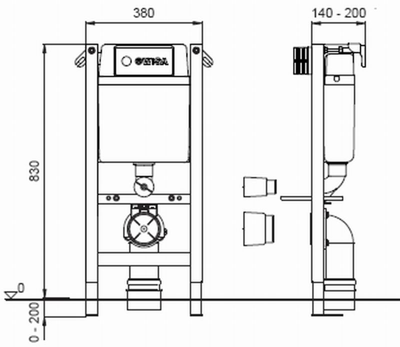Wisa Toiletset technische tekening van het XT wc element frontbediening 83cm, met afmetingen en details.