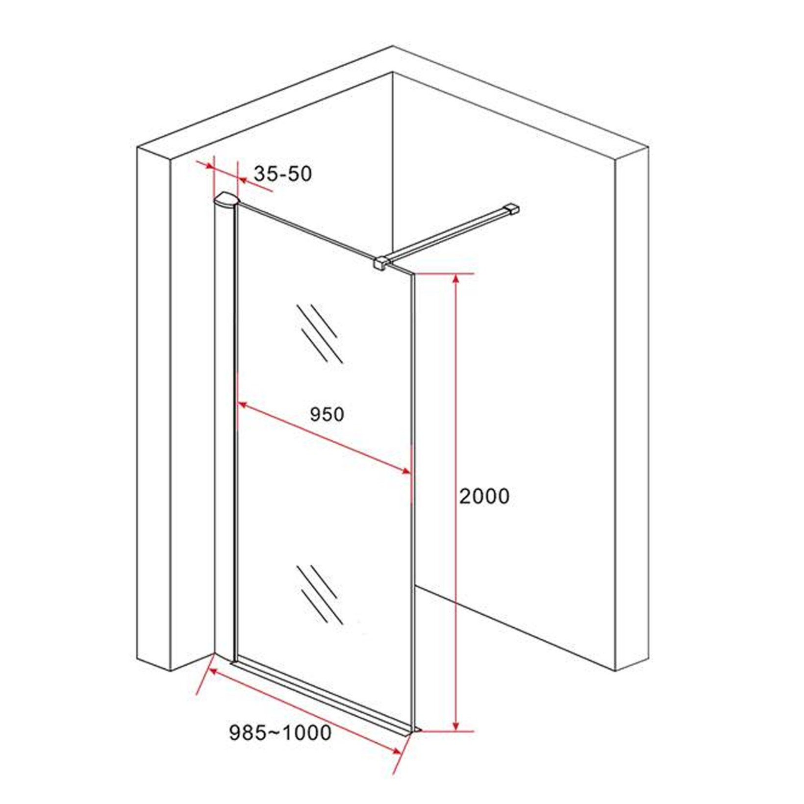 ALONI douchewand champagneglas met koperen profiel – 8 mm veiligheidsglas