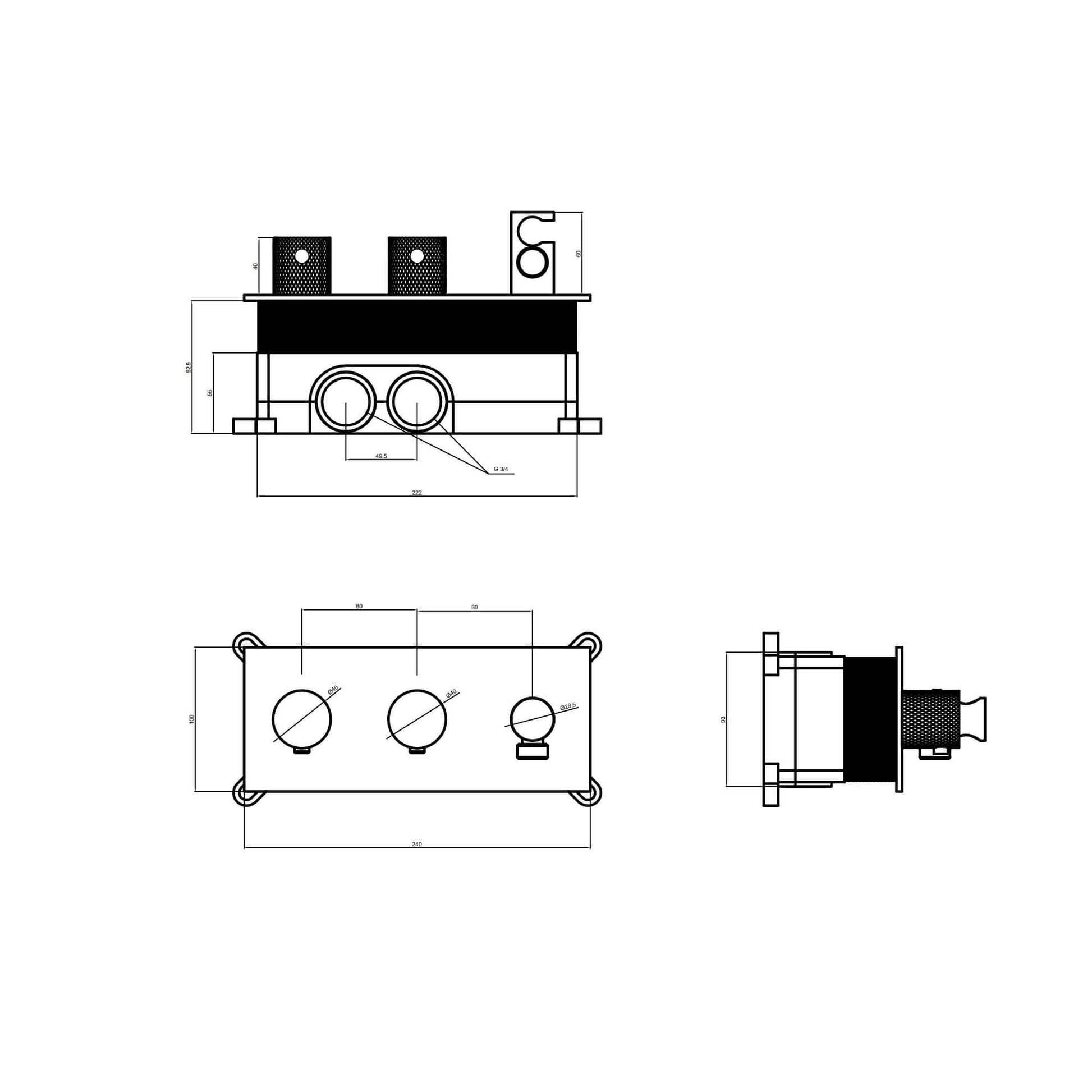 Technical drawing of Blue Label Brondby inbouw douchesysteem in brushed gold PVD, showcasing dimensions and design features.