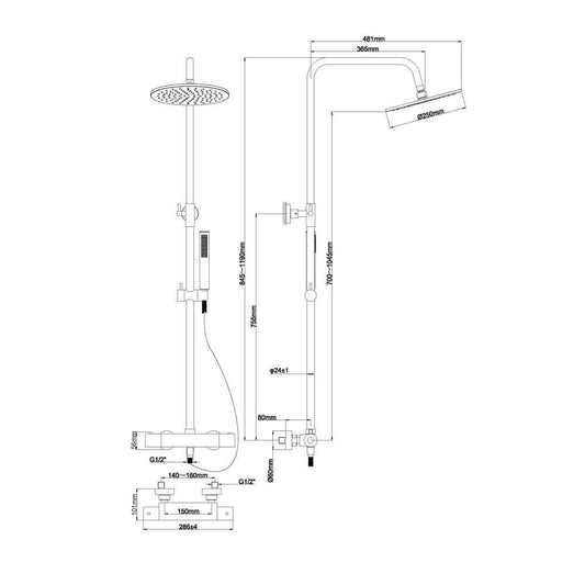 Caral thermostatische regendoucheset opbouwPVD