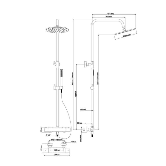 Ensemble de douche de pluie thermostatique Caral en surface noir mat