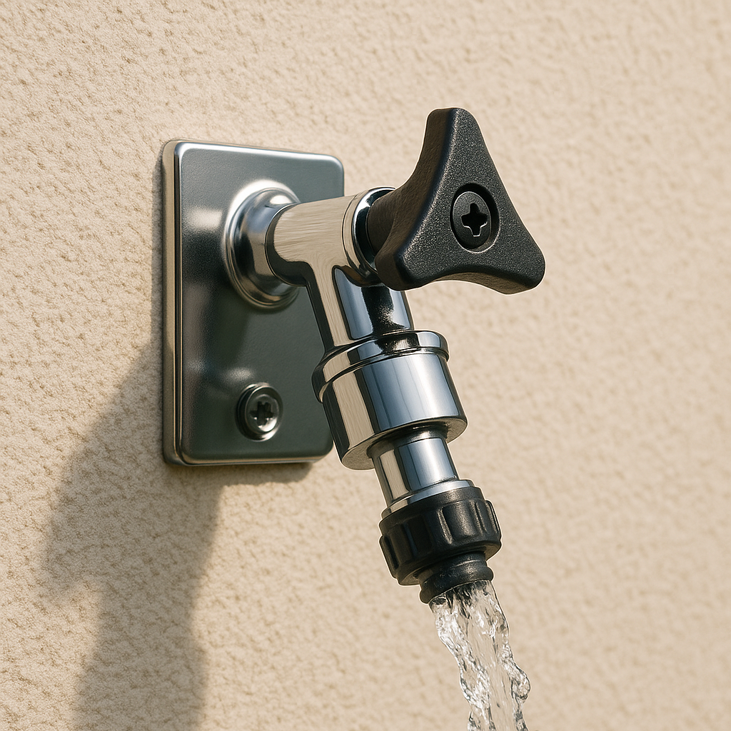 Close-up of a chrome water faucet with flowing water, mounted on a beige wall.