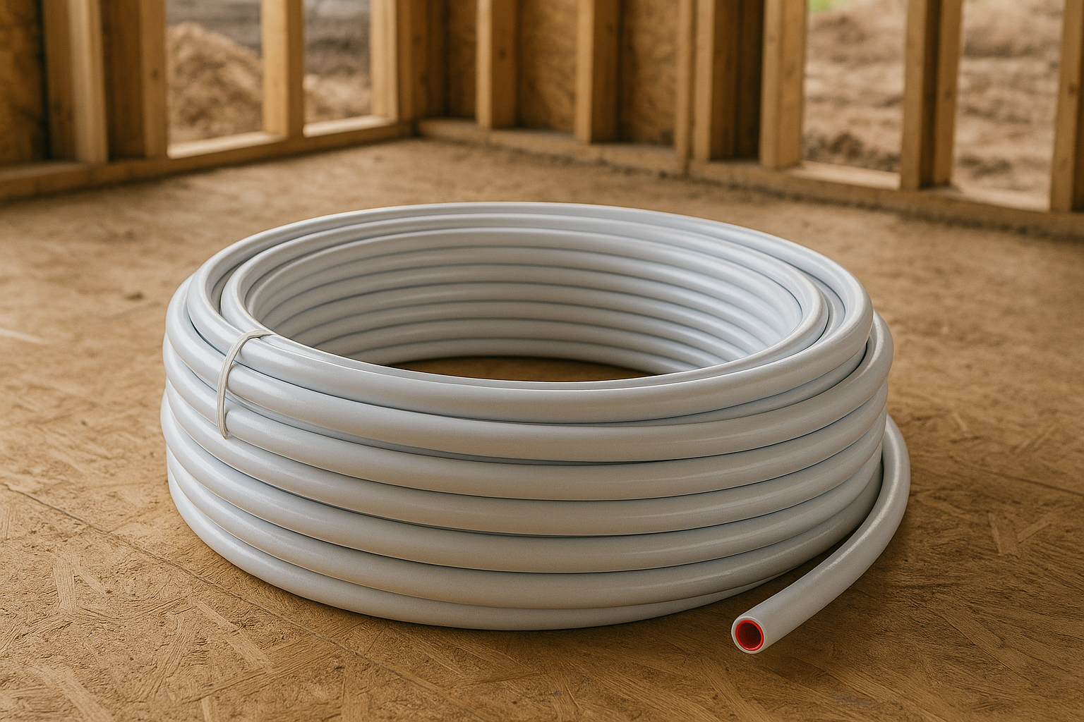 Coiled white plumbing pipe ready for installation in a construction site.