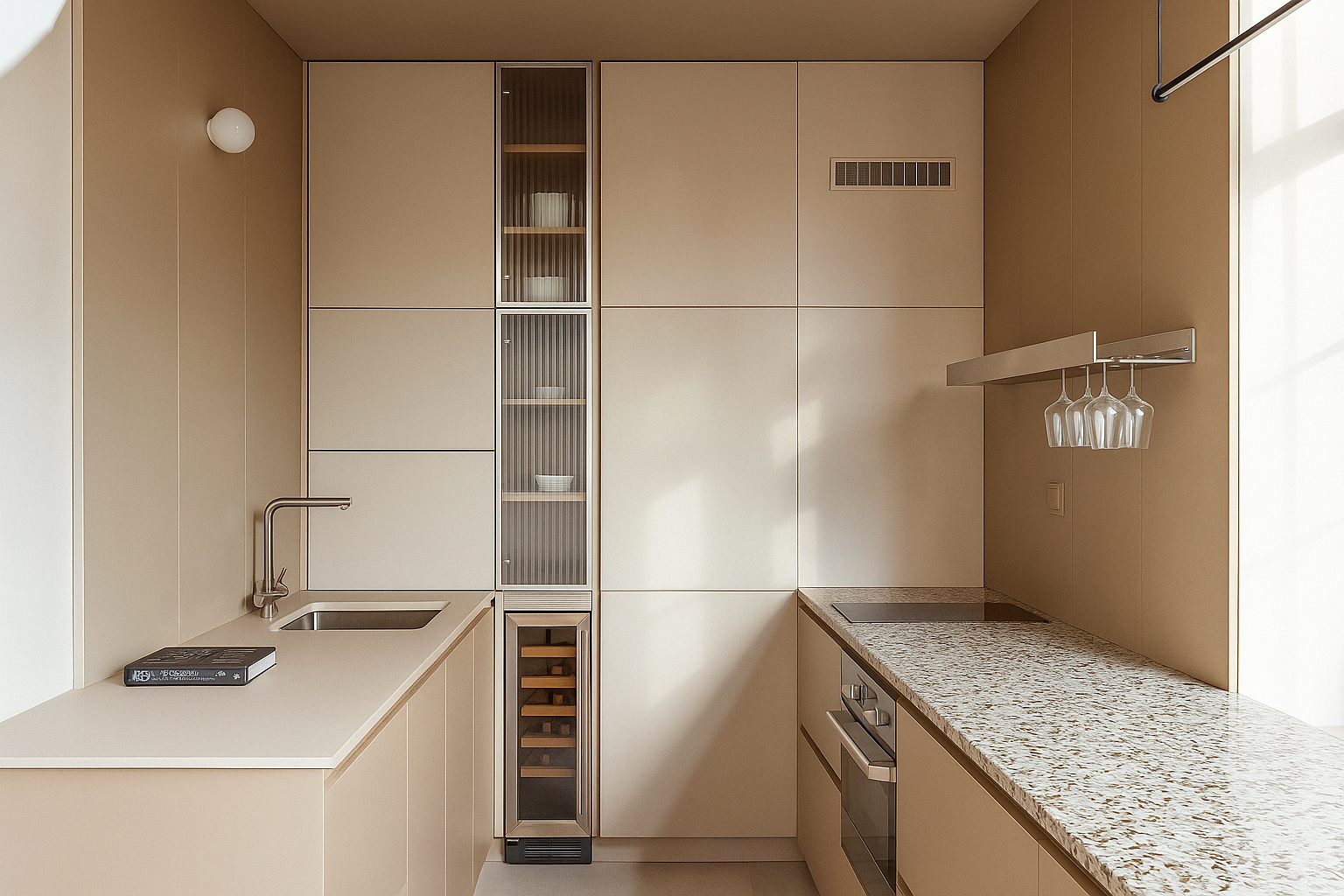 Modern kitchen with beige cabinetry and a stylish countertop, featuring an integrated wine cooler and glassware holder.