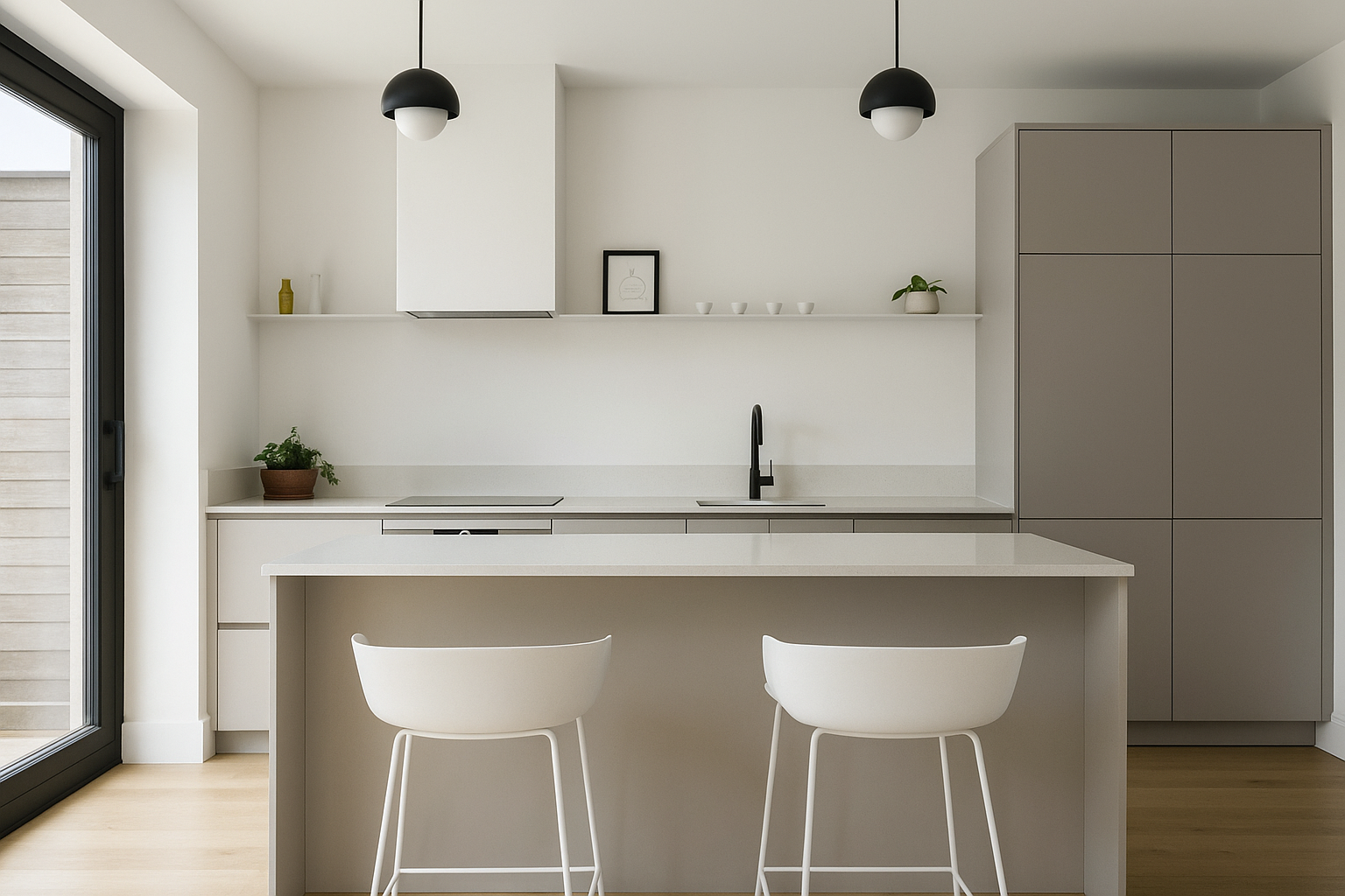 Modern minimalist kitchen with white cabinets, a large island, and stylish hanging lights.