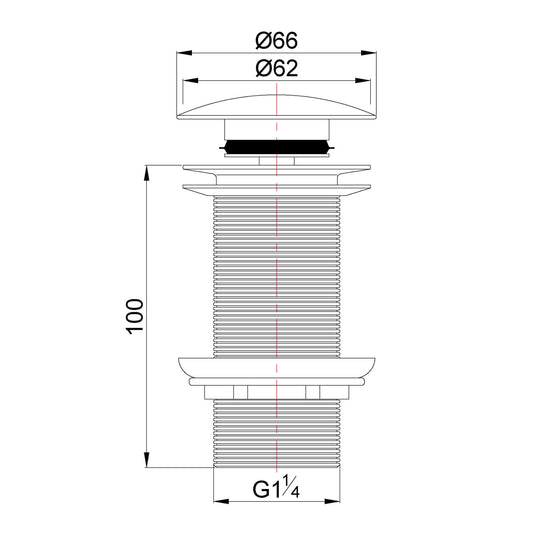 Afvoerplug UniMatch clickwaste afvoerplug verlengd 5/4" chroom met afmetingen en details.