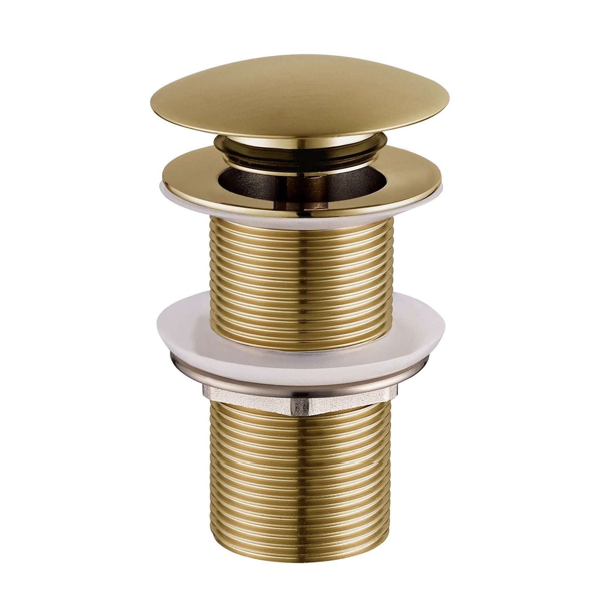 UniMatch afvoerplug in geborsteld messing met verlengde draad voor wastafels en fonteintjes zonder overloop.