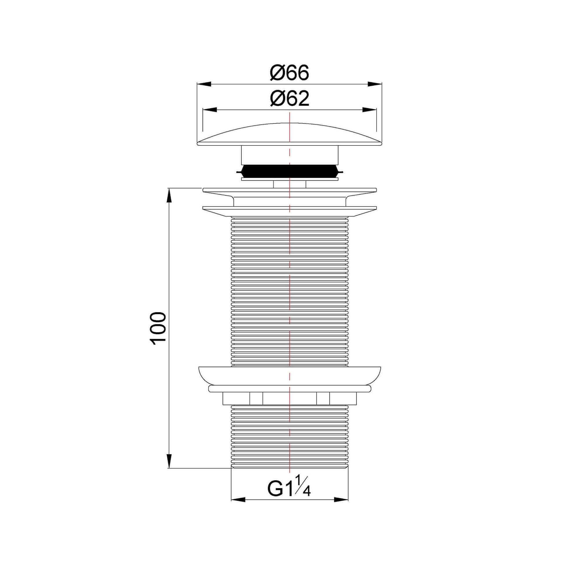 Afvoerplug UniMatch clickwaste verlengd 5/4" geborsteld messing PVD met afmetingen 66mm en 100mm.